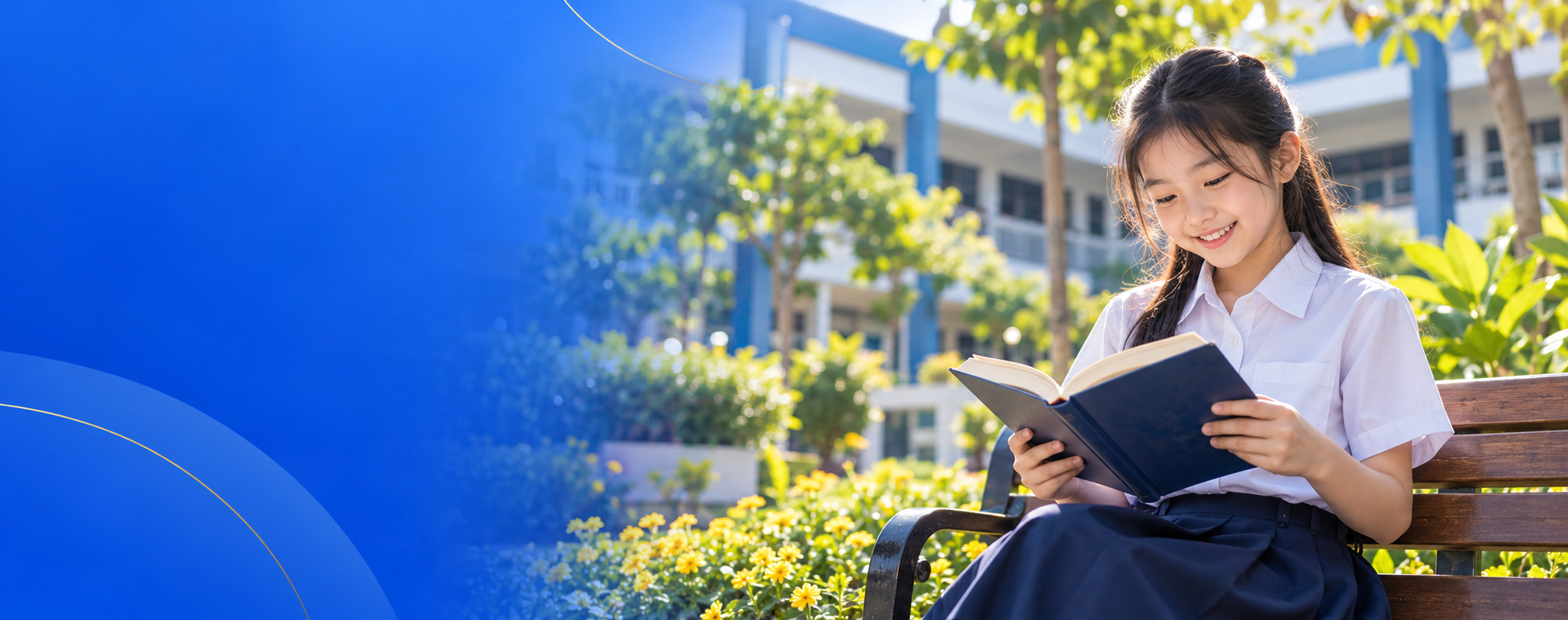 Ilustrasi AI: anak membaca buku di taman sekolah, dengan gedung sekolah di latar belakang.